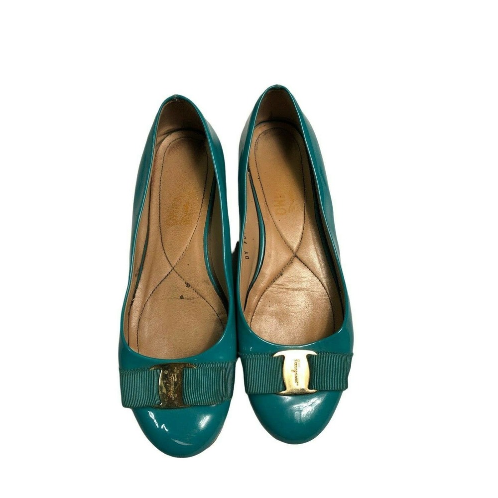 Women's Salvatore Ferragamo Patent Leather Varina Ballet Flats 8B Teal Color